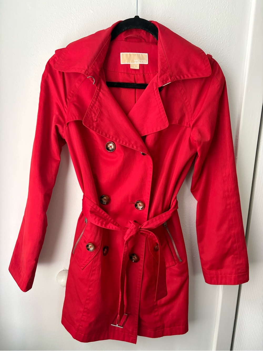 Michael Kors Vibrant Red Double-Breasted Trench Coat with Belt